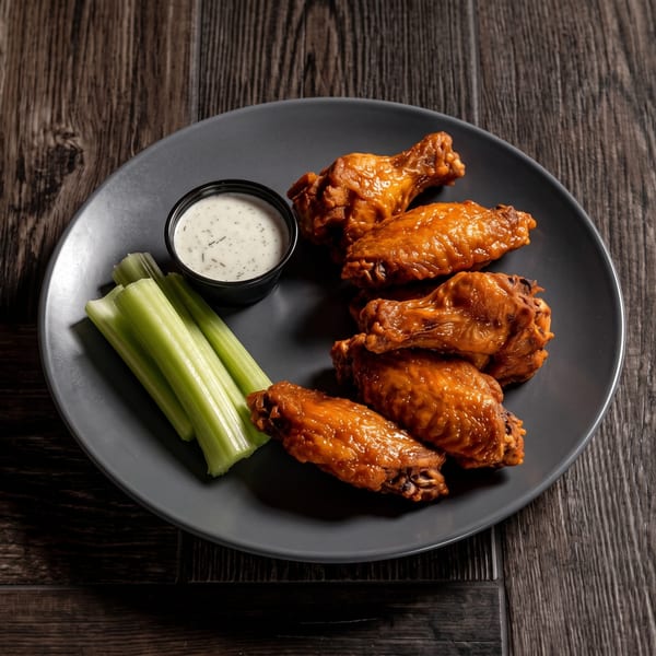 A plate of buffalo wings with ranch dressing and celery sticks on a dark wooden table.