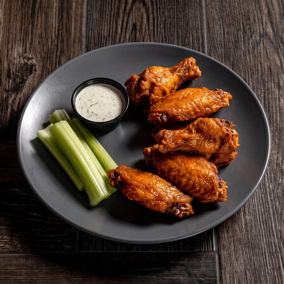 A plate of buffalo wings with ranch dressing and celery sticks on a dark wooden table.