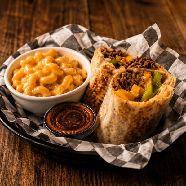 Two burritos with ground meat and vegetables, mac and cheese, and a sauce cup in a basket.
