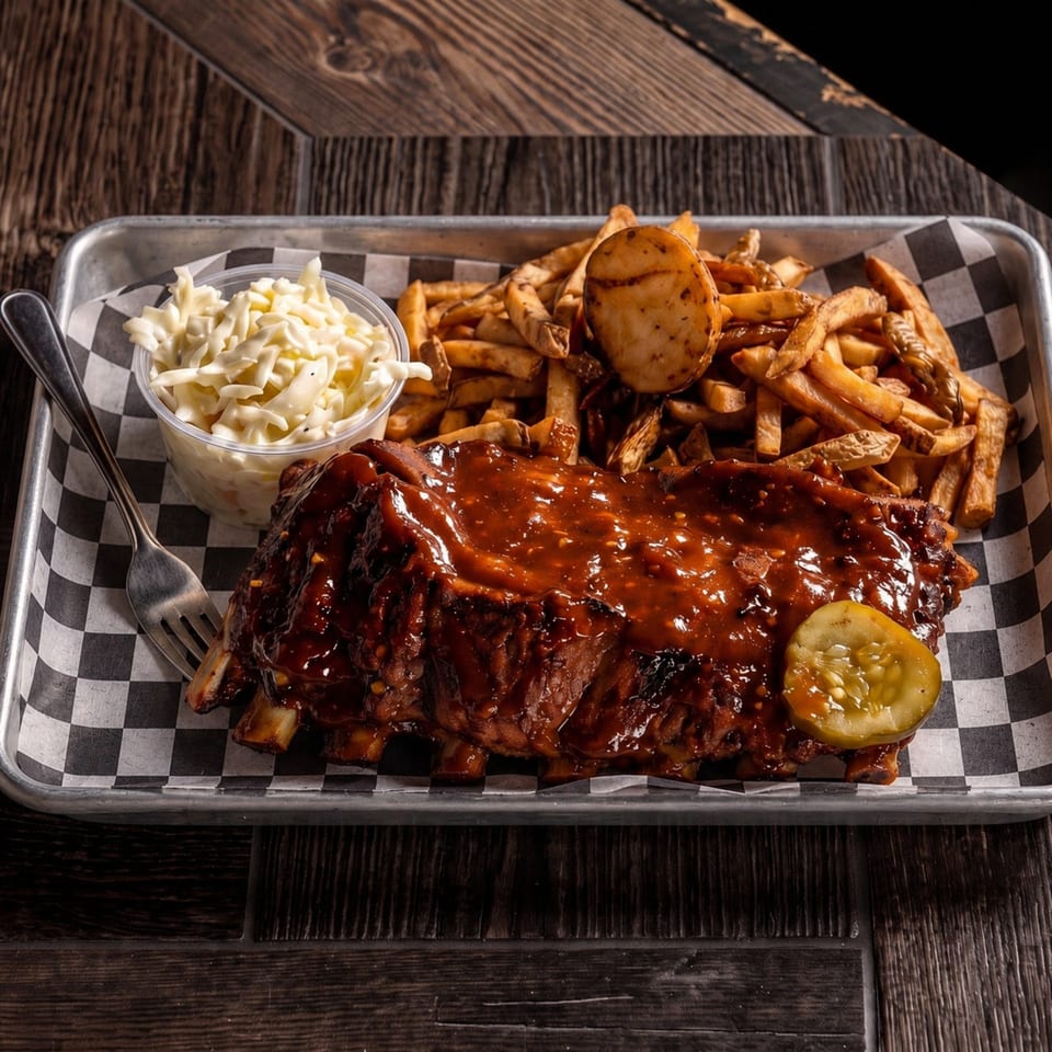 A rack of BBQ ribs, fries, coleslaw, and a pickle slice on a checkered paper-lined tray.